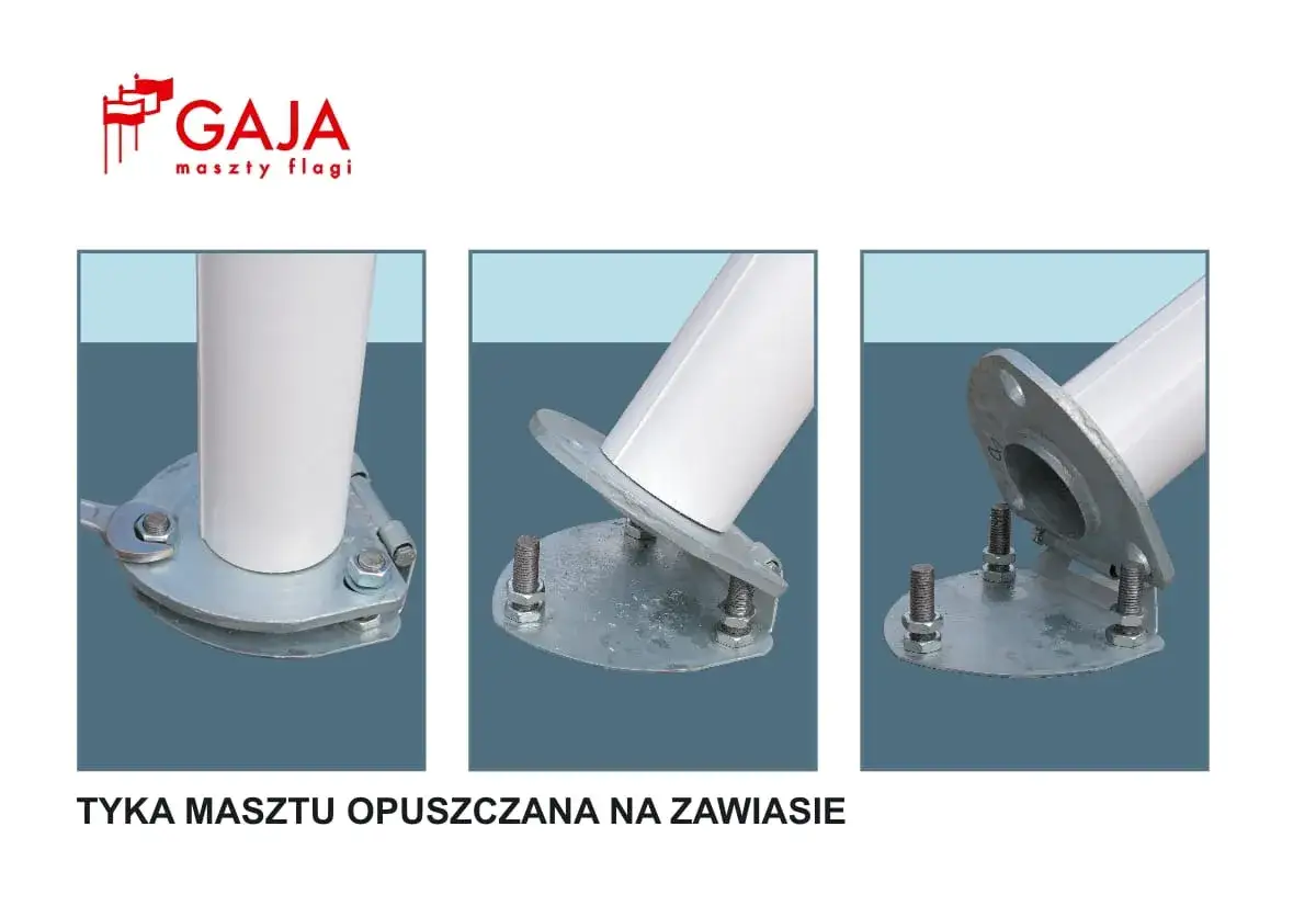 Trzy zbliżenia na mechanizm opuszczania masztu na zawiasie. Solidna konstrukcja zapewnia łatwe i bezpieczne użytkowanie.