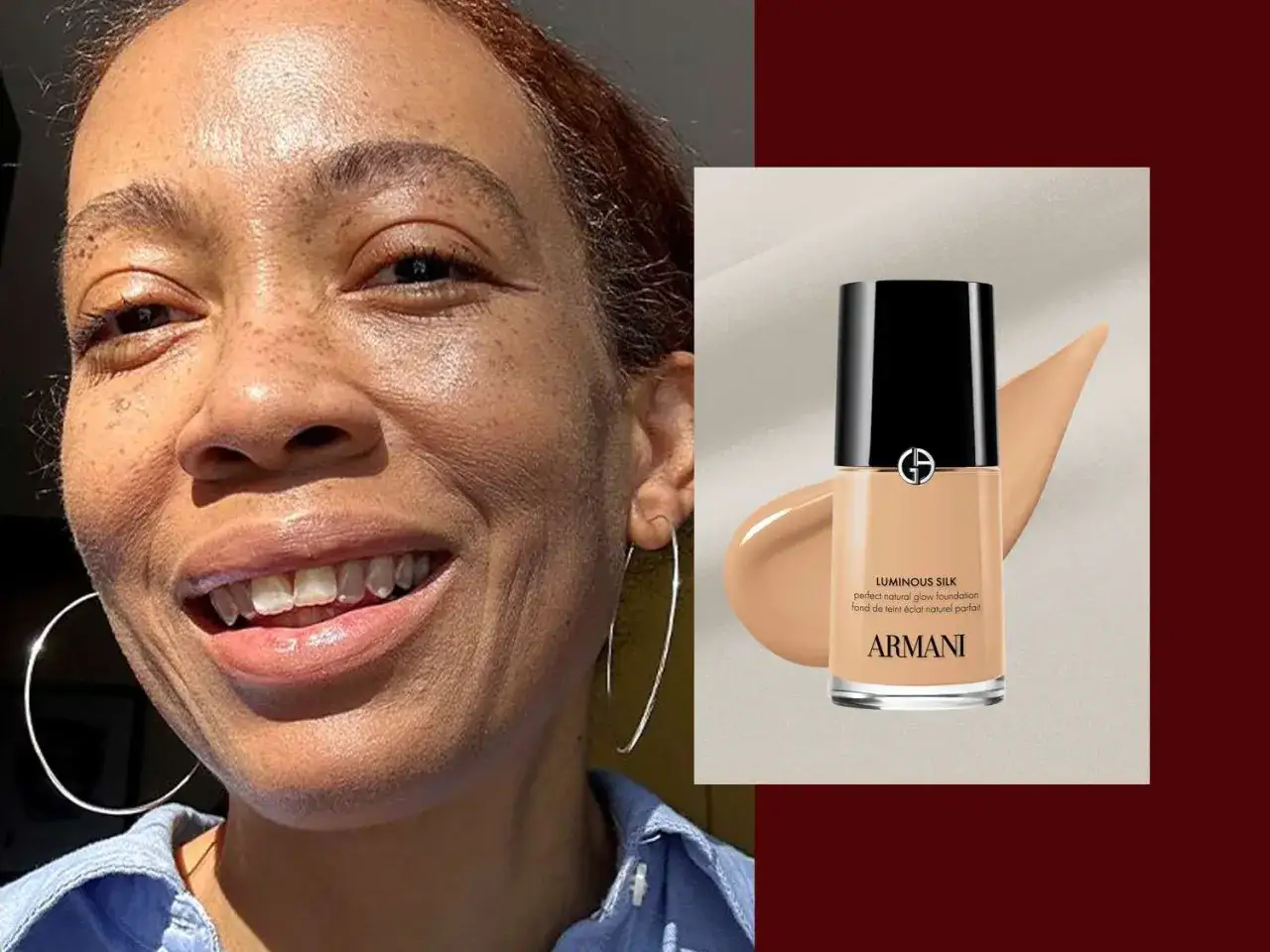 Une femme souriante, peau hâlée, avec des taches de rousseur. À côté, un flacon de fond de teint Armani Luminous Silk, parfait pour des conseils maquillage naturels.