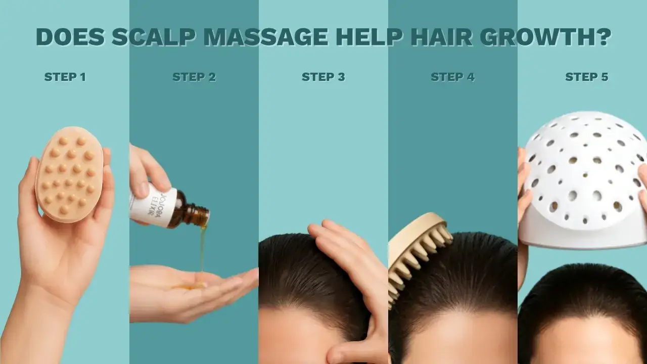 Steg f&ouml;r steg guide f&ouml;r h&aring;rv&auml;xt: en skalpmassage med jojobaolja och borste, f&ouml;ljt av en speciell hatt.
