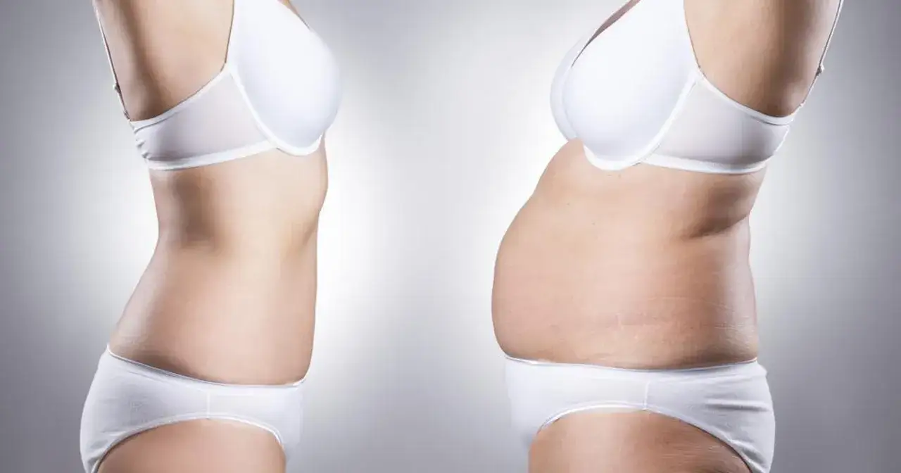 Dwie sylwetki w bieliźnie. Jedna szczupła, druga z widocznym brzuchem, symbolizujące **body dysphoria**.