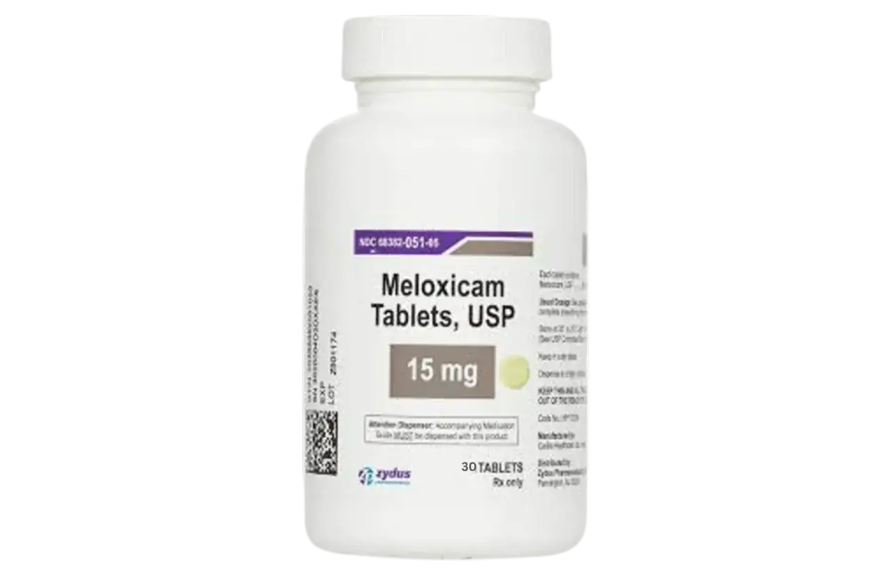 Biała butelka z tabletkami Meloxicam 15 mg, 30 sztuk.
