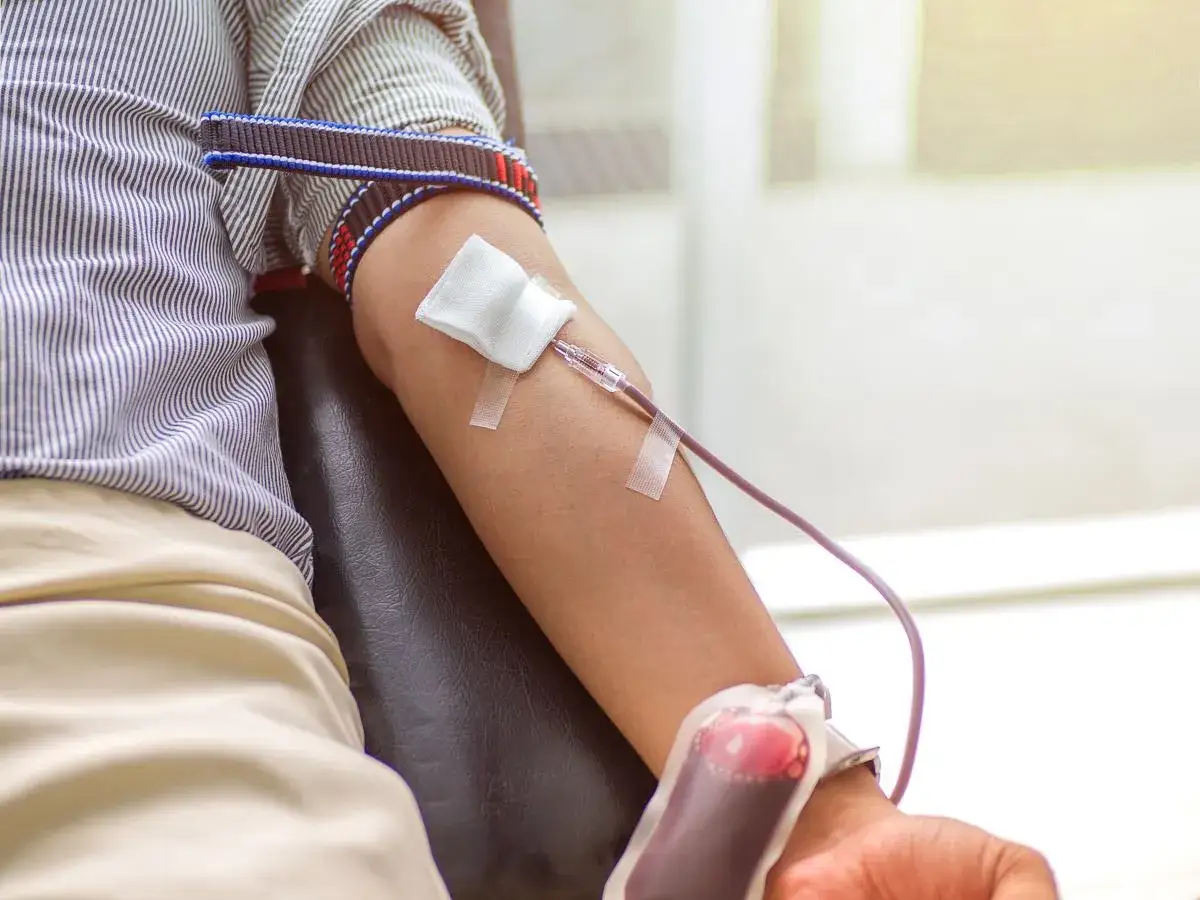 Nauka pobierania krwi: ręka z założonym mankietem, igłą i workiem z krwią.