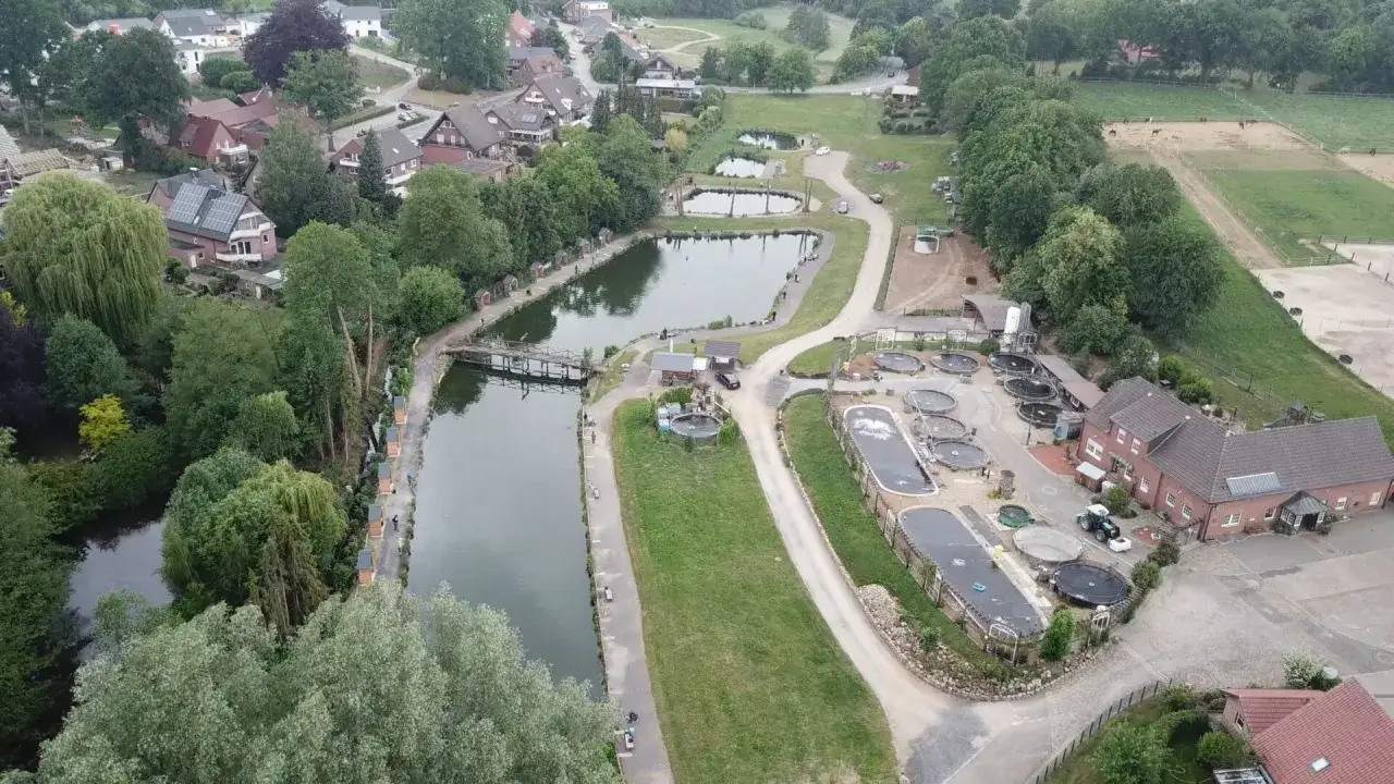 Luftaufnahme einer Anlage mit Teichen, die für quellental forellen genutzt werden. Mehrere runde Becken und ein langer Teich sind zu sehen.