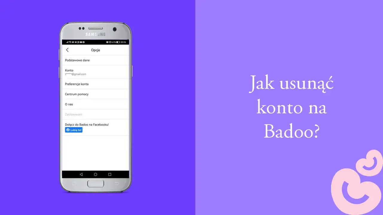 Telefon z aplikacją Badoo, pokazujący opcje konta. Tekst: 