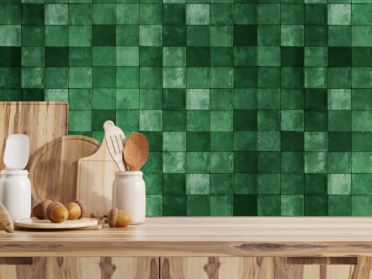 Une cuisine moderne avec un mur de faience vert émeraude. Des ustensiles en bois et des glands décorent le plan de travail en bois.