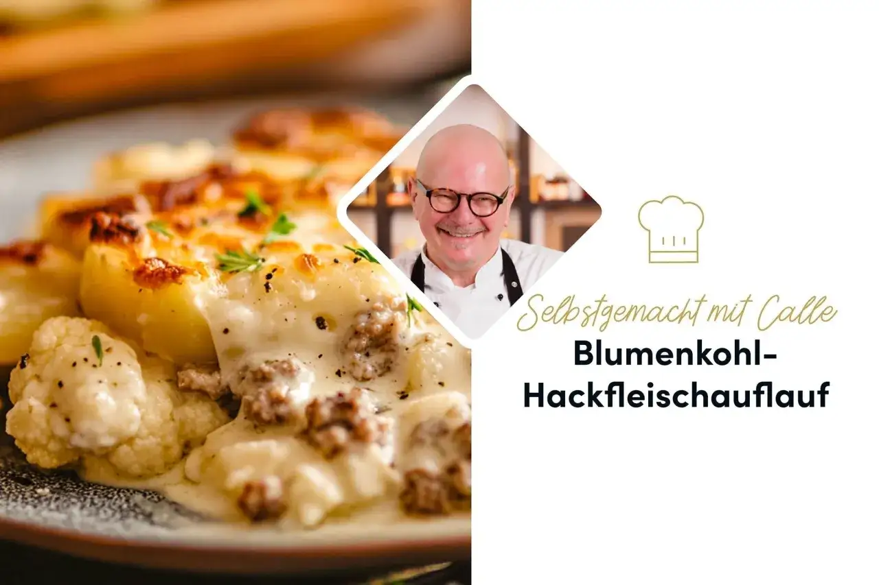 Herzhaft überbackener Blumenkohlauflauf mit Hackfleisch, garniert mit frischer Petersilie. Ein Genuss, selbstgemacht mit Calle.