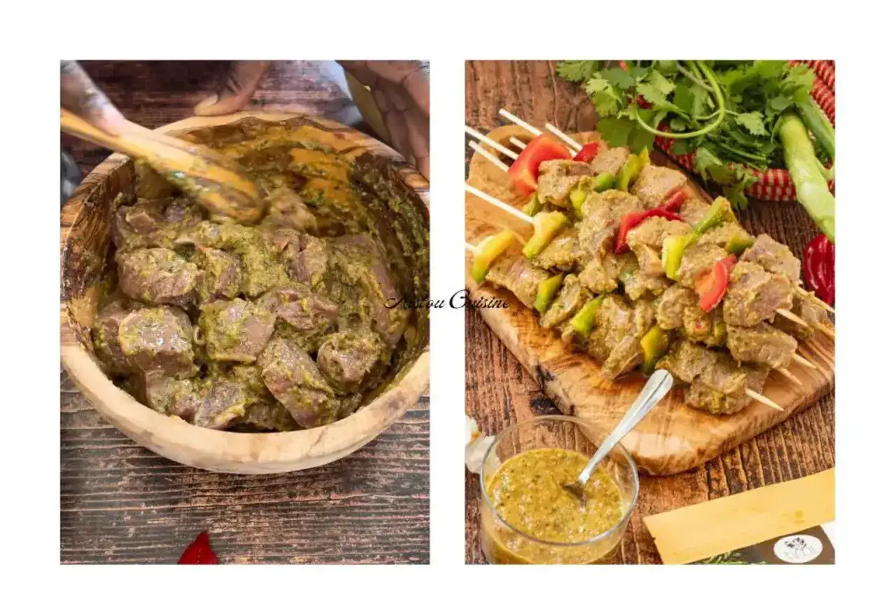 Pr&eacute;paration d'une savoureuse brochette d'agneau marin&eacute;e. Les morceaux d'agneau sont m&eacute;lang&eacute;s dans un bol avec une marinade verte.