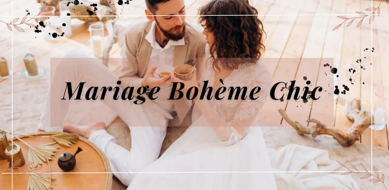 Un couple partage un th&eacute;, une sc&egrave;ne de shooting inspiration mariage boh&egrave;me chic.