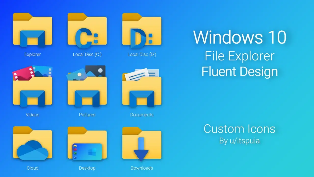 Kolekcja ikon folderów w stylu Fluent Design dla Windows 10, w tym Explorer, dyski C: i D:, filmy, zdjęcia, dokumenty, chmura, pulpit i pobrane.