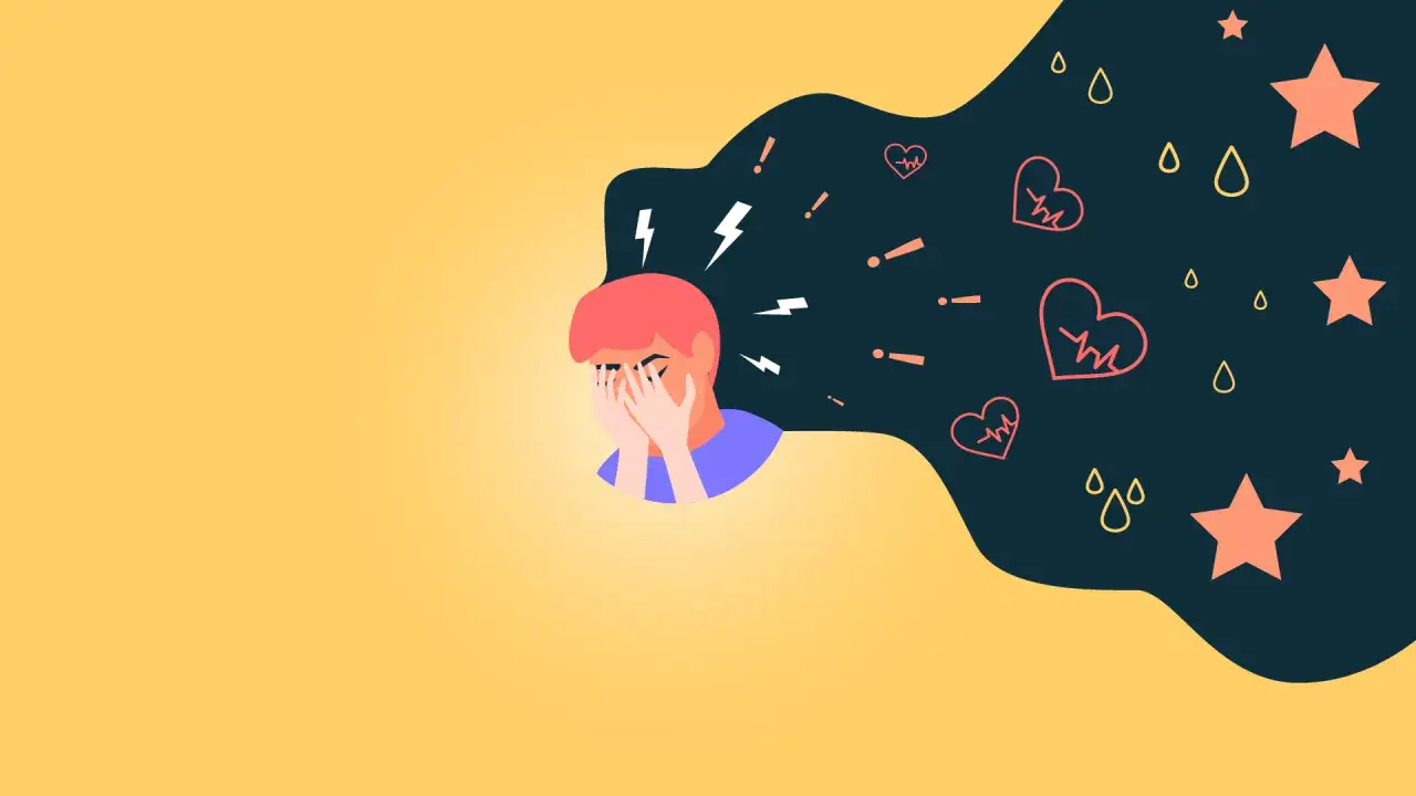 En person med händerna för ansiktet, omgiven av symboler för stress och hjärtproblem. Kanske en illustration som visar behovet av inderal betablockerare.