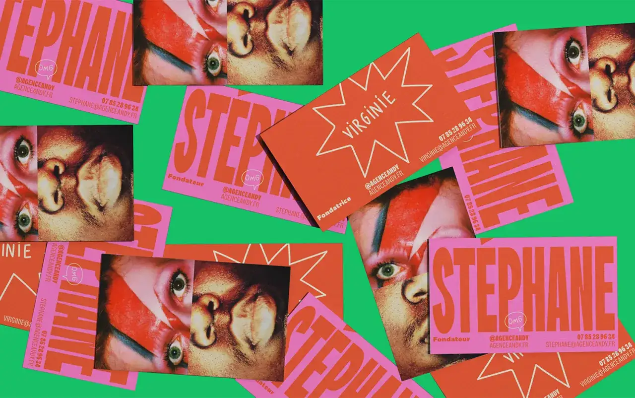 Bold business cards with fragmented portraits, featuring names like