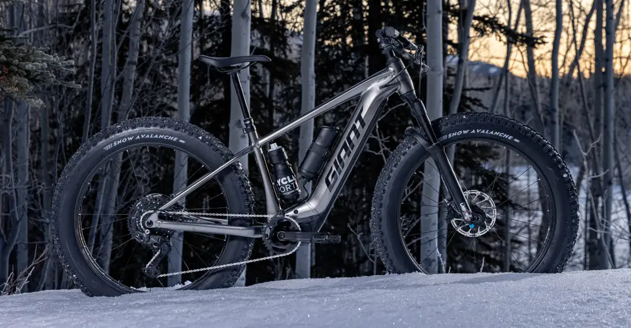 A silver Giant Yukon mtn bike with fat tires sits in the snow, ready for an adventure through the winter forest.