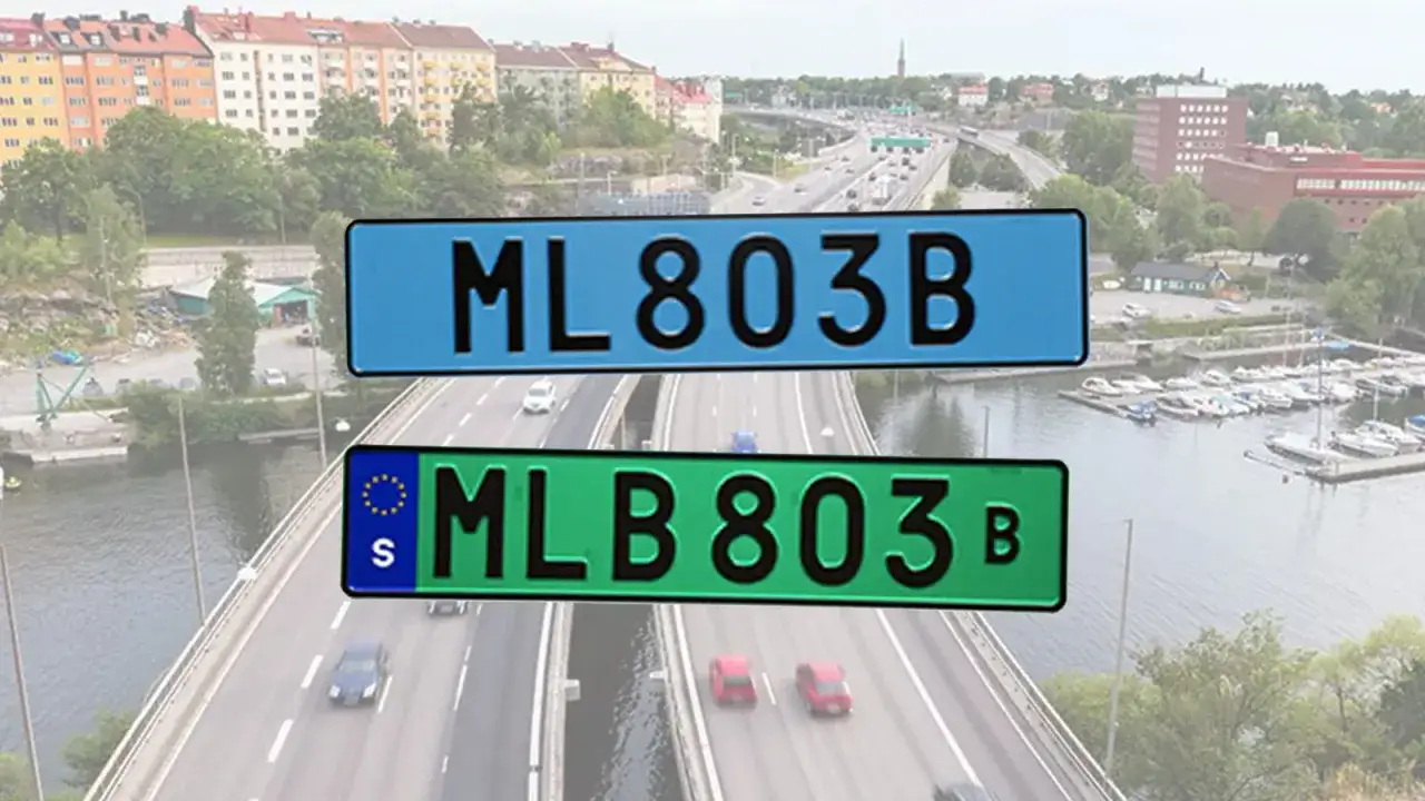 Två svenska registreringsskyltar, en blå med texten ML803B och en grön med S och EU-flagga samt texten MLB803B.