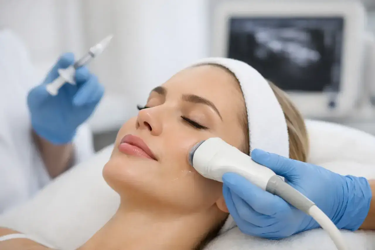 Konsultation fillers: Ansiktsbehandling med injektion och ultraljudsapparat.