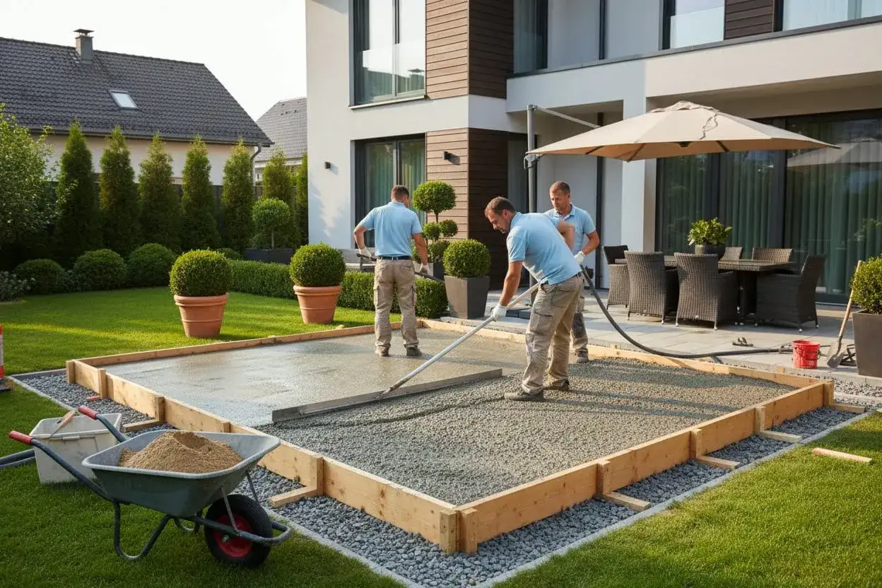 Operai stendono il cemento per massetto esterno in un giardino curato, creando una base solida per un'area esterna.