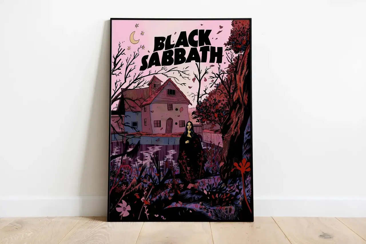 Illustration d'un album Black Sabbath : une maison hant&eacute;e au cr&eacute;puscule, avec une femme en noir au premier plan.
