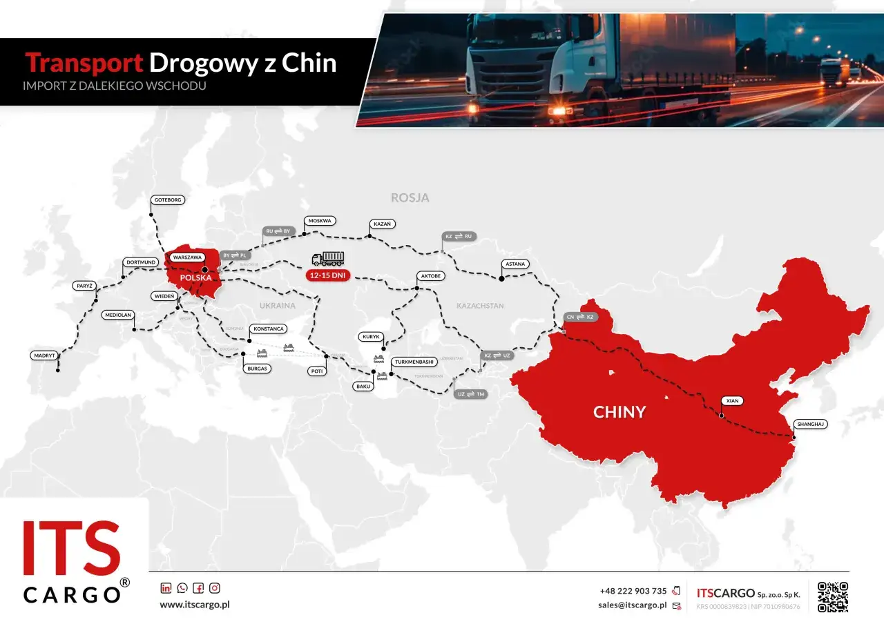 Mapa pokazuje trasę transportu drogowego z Chin przez Azję i Europę do Polski.