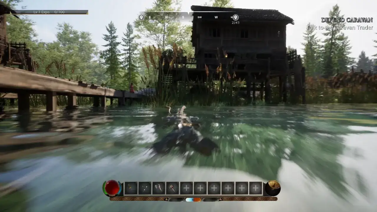 Ein Krokodil schwimmt durch das Wasser, w&auml;hrend im Hintergrund ein Holzhaus steht. Ein Spiel mit Survival-Elementen.