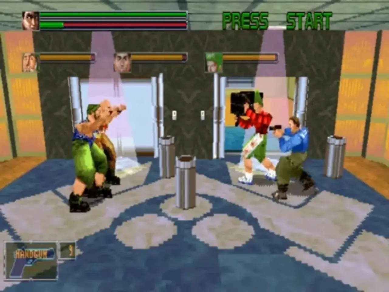 Starcia w grze Die Hard Arcade na Sega Saturn. Dwóch graczy walczy z przeciwnikami.