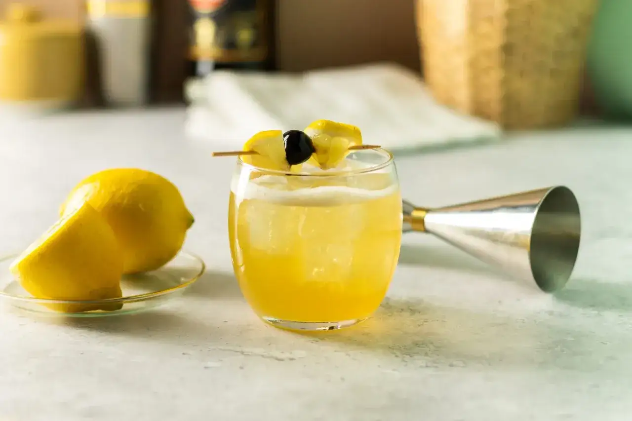 En gyllene rom sour med citron och körsbär, redo att avnjutas.