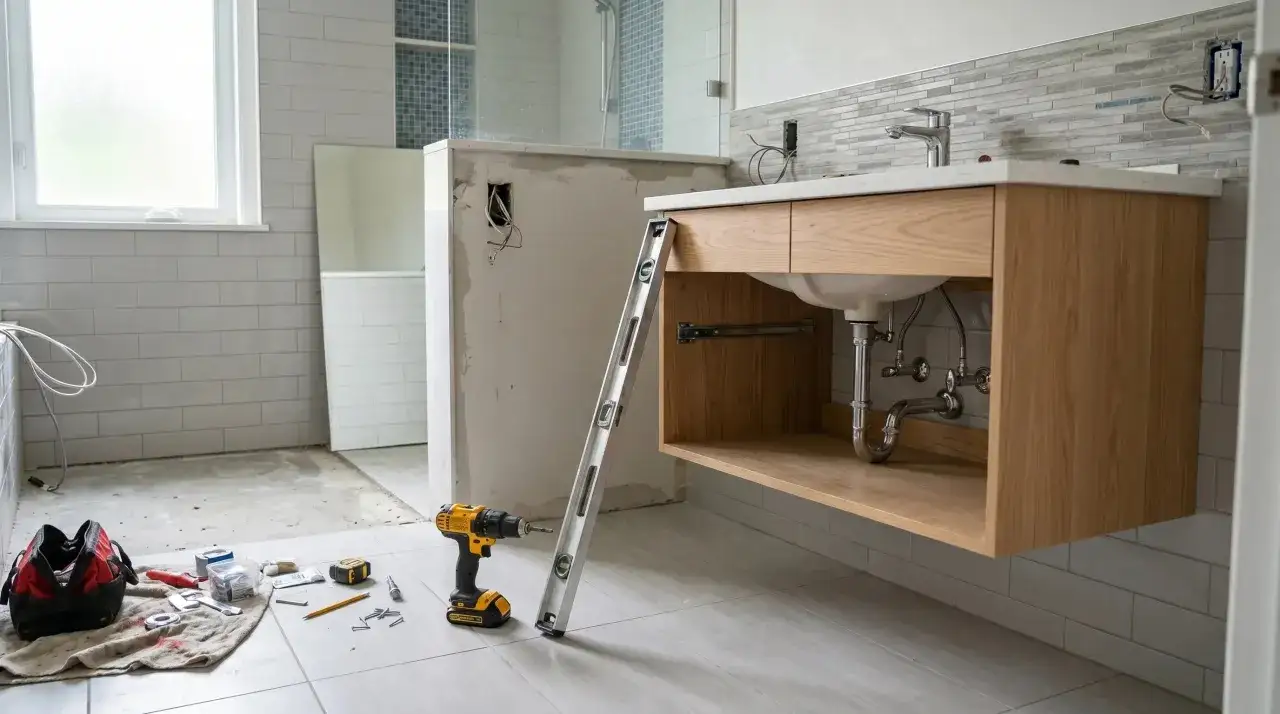 Tools surround a new wooden bathroom vanity installation. A drill, level, and tape measure are on the floor, ready for plumbing and electrical hookups.