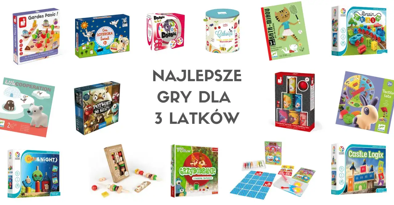 Kolekcja gier na 3 osoby: od logicznych po zręcznościowe, idealne dla maluchów.