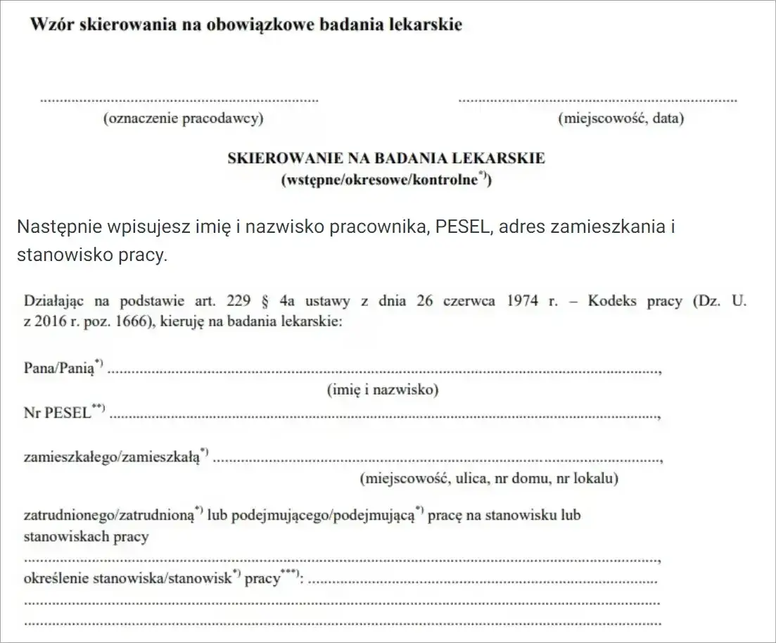 Skierowanie na badania medycyny pracy wzór, formularz