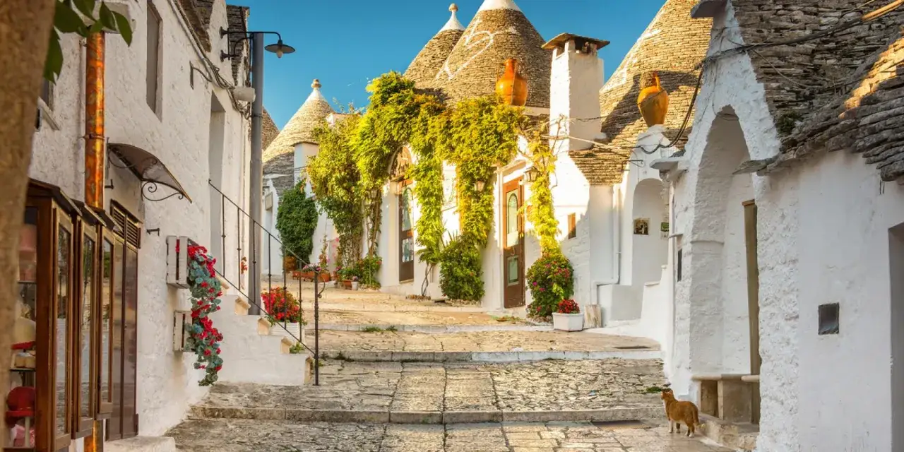 Un gatto arancione passeggia tra i trulli di Alberobello, un luogo dove la storia prende forma in ogni pietra.