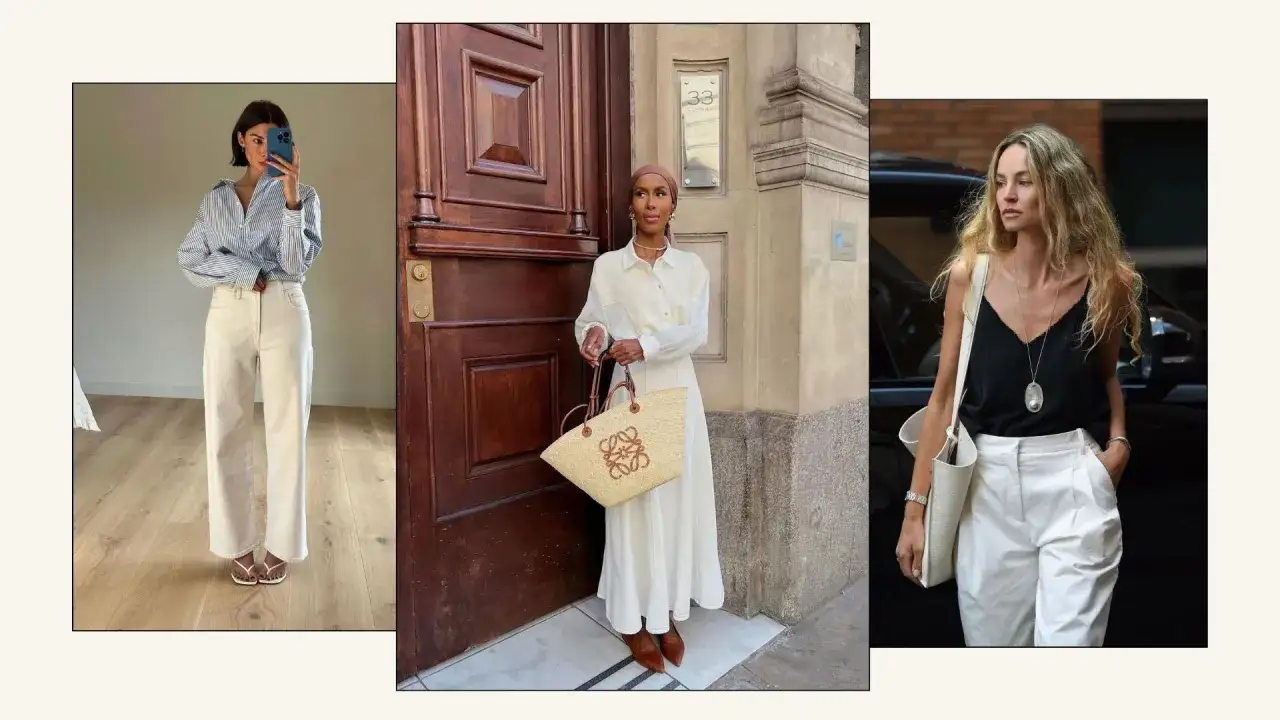 Three women showcase the clean girl aesthetic with effortless style. One wears a striped shirt and white pants, another a white dress and straw bag, and the third a black cami and white trousers.