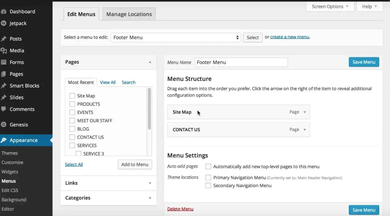 Interface WordPress pour créer un menu. On voit la section