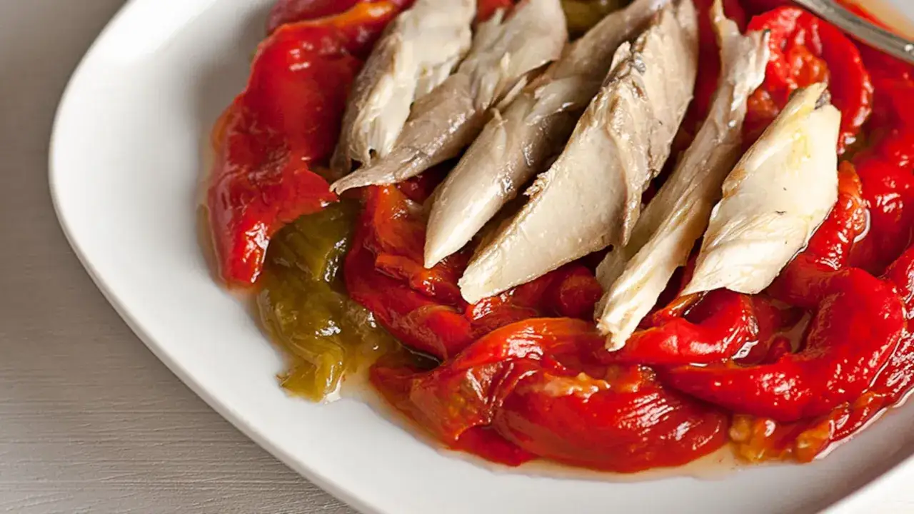 Pimientos del piquillo asados, cubiertos con tiras de pescado blanco, servidos en un plato blanco.