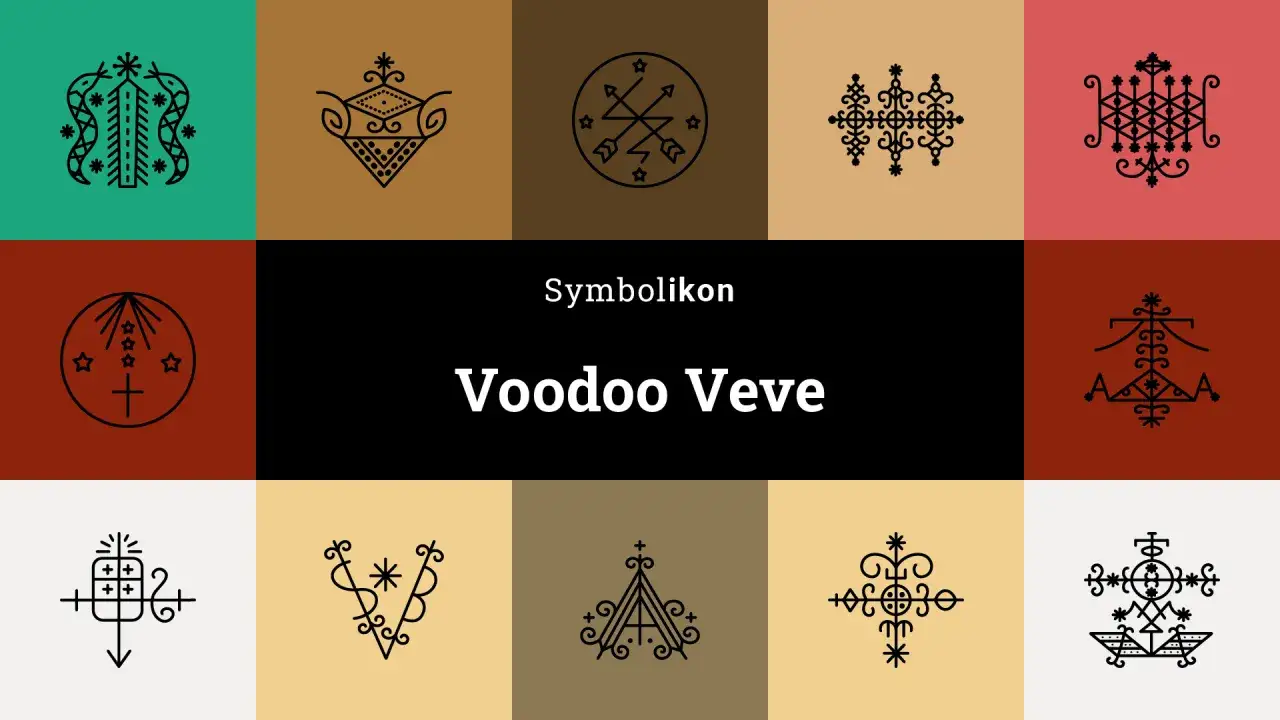 Kolekcja symboli voodoo, zwanych veve, przedstawiona na kolorowych tłach. Każdy symbol jest unikalny i pełen mistycznych znaczeń.
