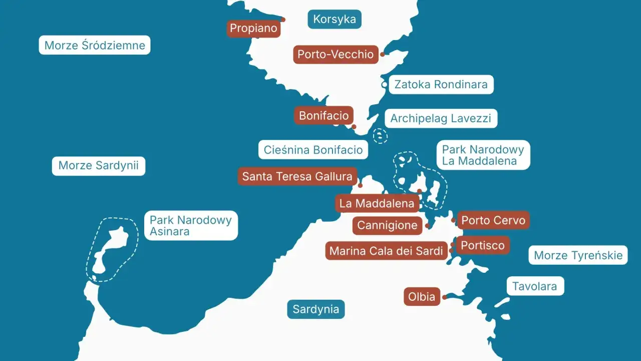 Mapa pokazuje trasę na Sardynię przez Korsykę, z zaznaczonymi portami jak Bonifacio, Olbia i Porto Cervo.