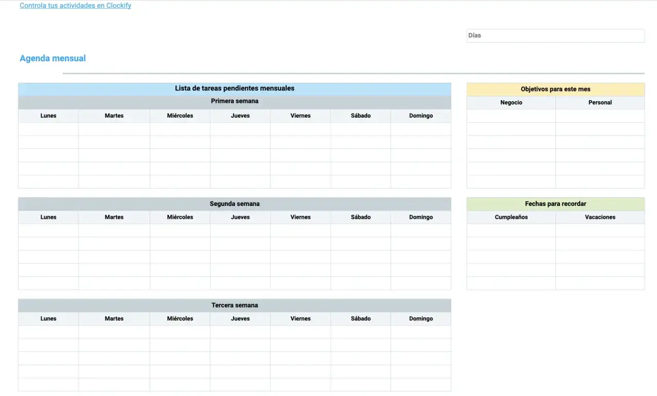 Agenda mensual con listas de tareas, objetivos y fechas. Un calendario para agendar citas gratis y organizar tu mes.