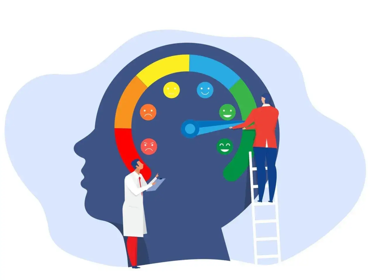 Un medico valuta il livello di benessere mentale, da depressione e stanchezza a felicità, all'interno di una testa stilizzata.