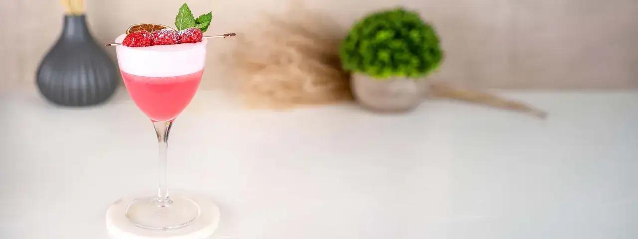 Ein pinker Clover Club Cocktail mit Himbeeren und Minze, garniert mit einer getrockneten Orangenscheibe.