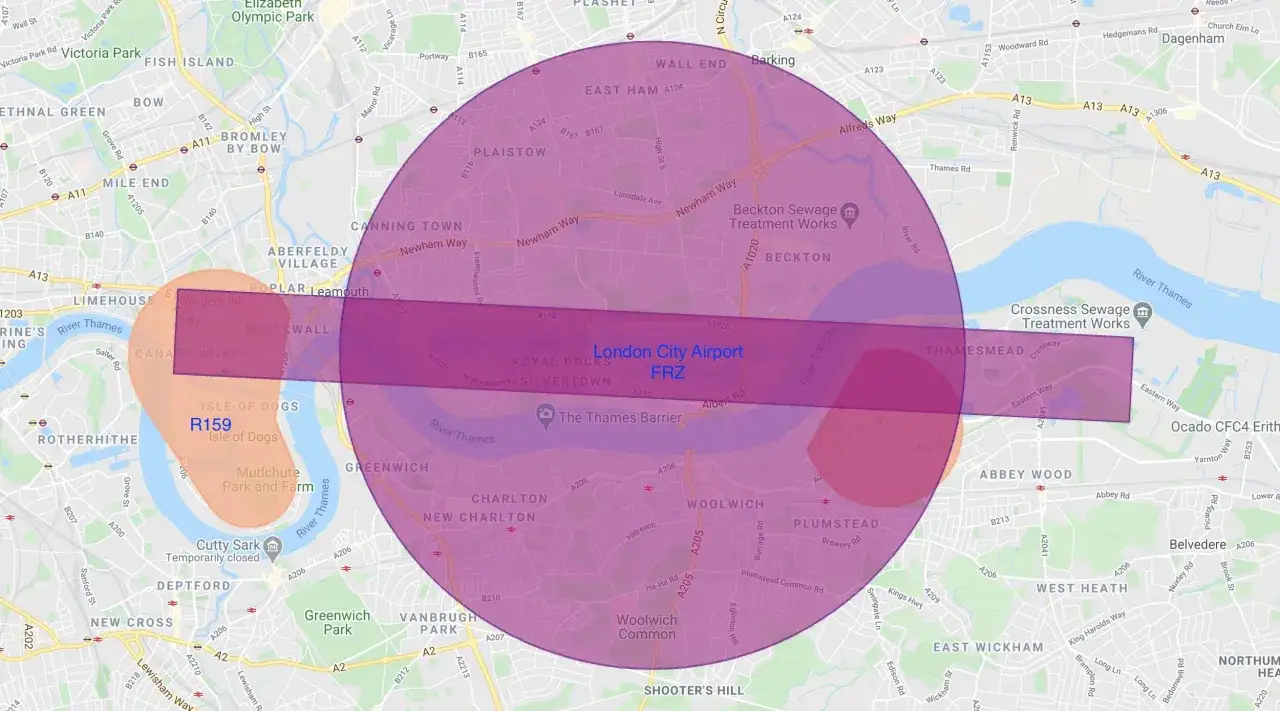 Map showing London City Airport FRZ, indicating where you can fly a drone.