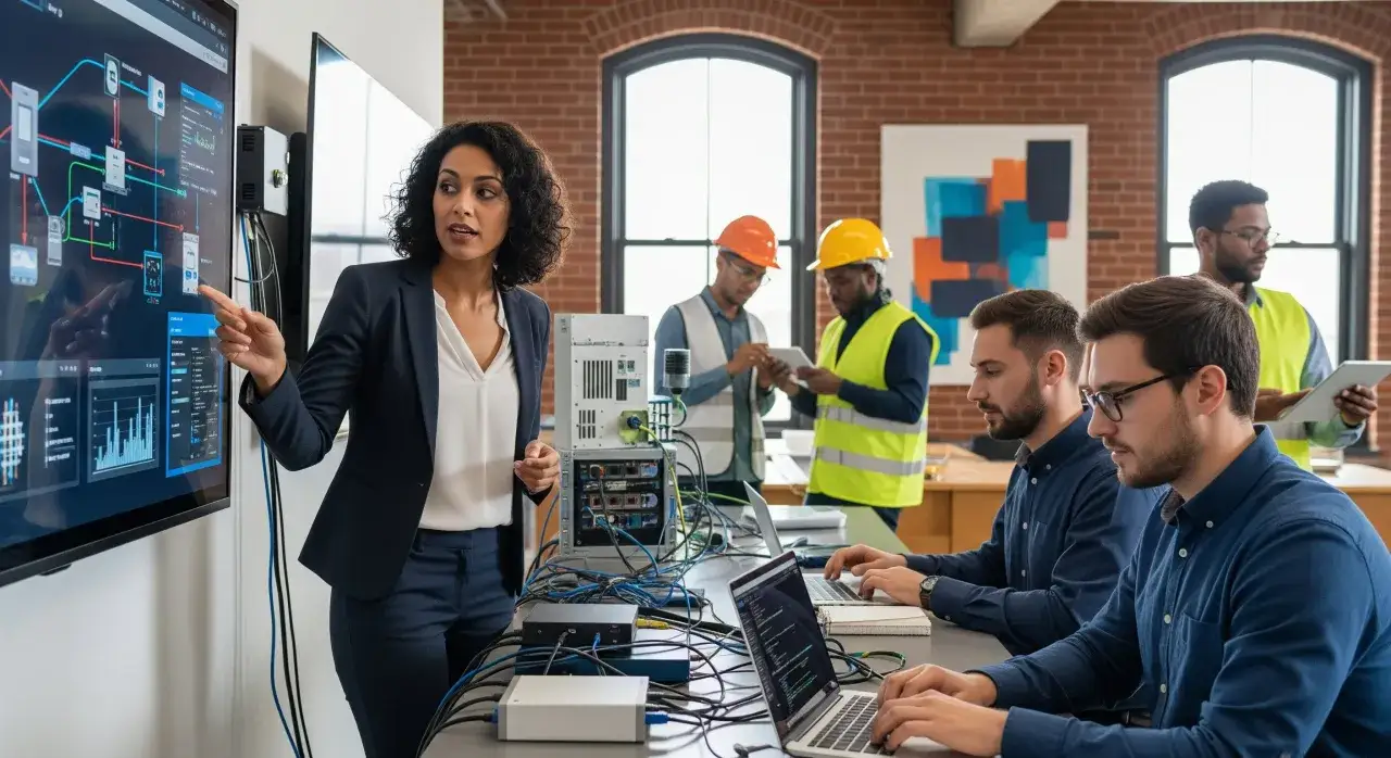 A team discusses IoT integration, with a woman pointing at a complex diagram on a screen, while men in hard hats and safety vests observe, and others work on laptops amidst tangled wires.