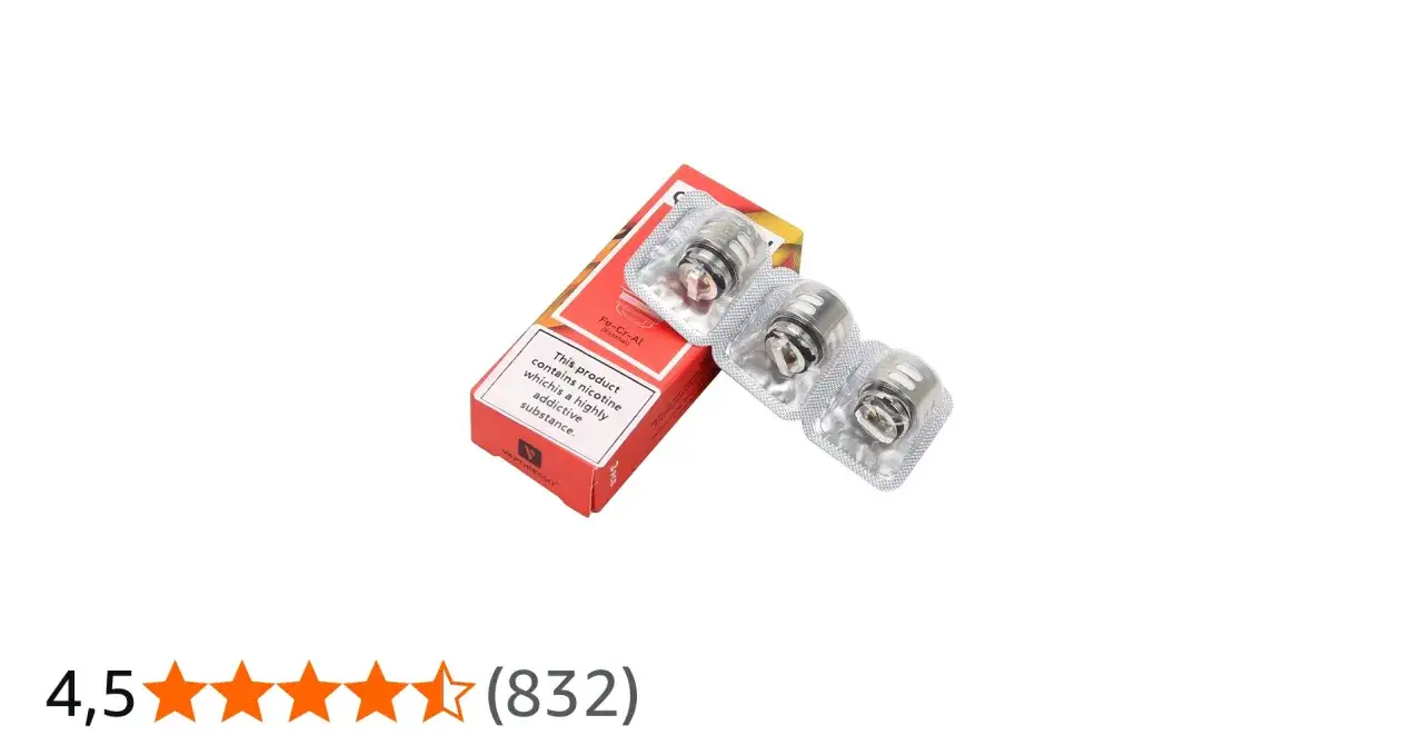 Caja roja con tres resistencias de vapeo (coil que es) en blíster. Cada coil es de metal plateado con detalles negros.
