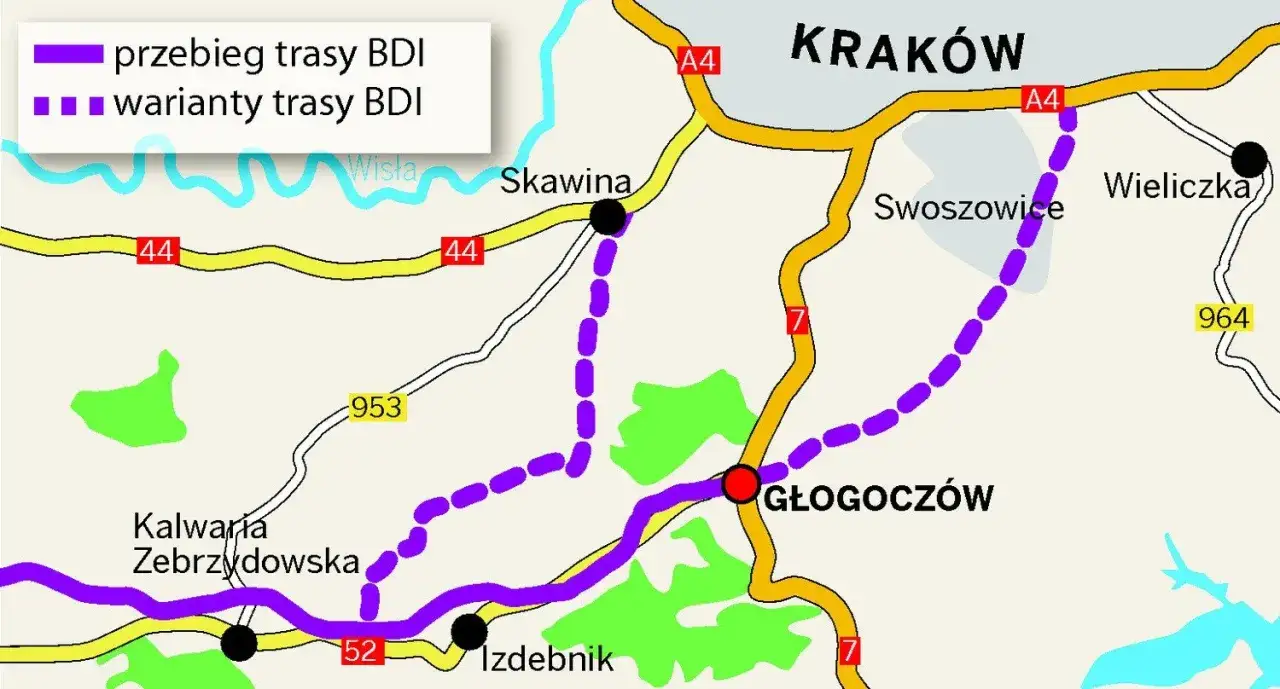 Mapa okolic Krakowa z zaznaczoną trasą BDI i wariantami, prowadzącymi m.in. do Kalwarii Zebrzydowskiej.