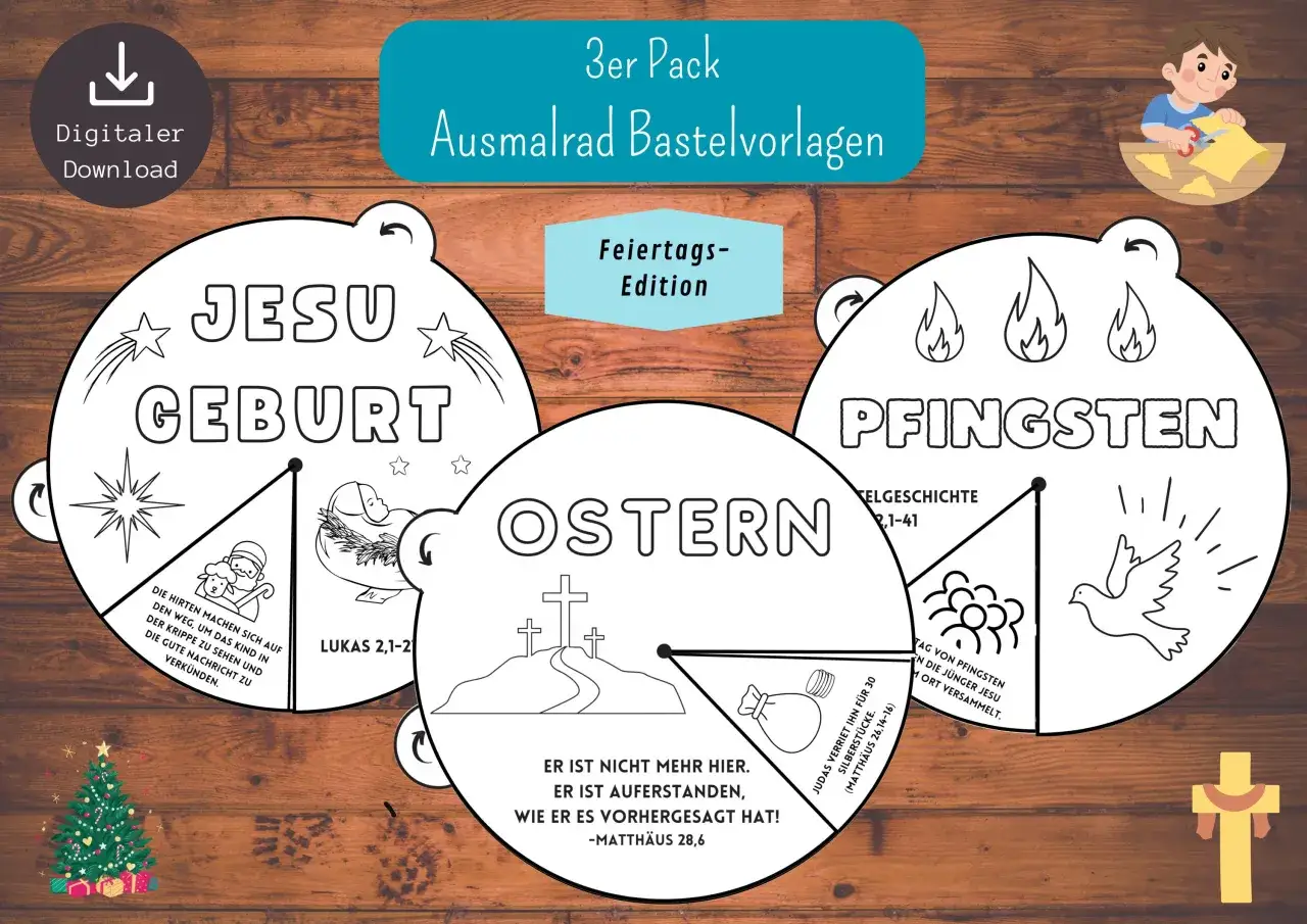 Bastelvorlagen f&uuml;r Weihnachten, Ostern und Pfingsten. Kindgerechte Erkl&auml;rung der Bedeutung von Pfingsten mit Bildern und Bibelversen.