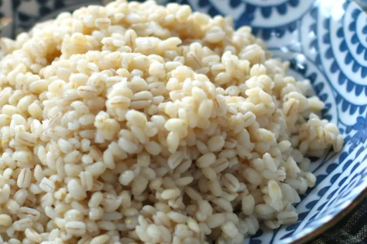 Orzo perlato cotto in una ciotola blu e bianca, un alimento salutare che racchiude le propriet&agrave; dell'orzo.