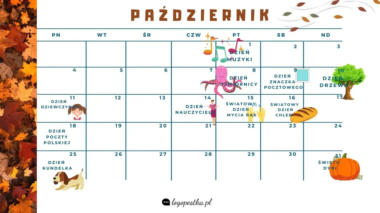 Kalendarz na październik. 1 października Dzień Muzyki, 11 Dzień Dziewczyn, 14 Dzień Nauczyciela, 31 Święto Dyni.