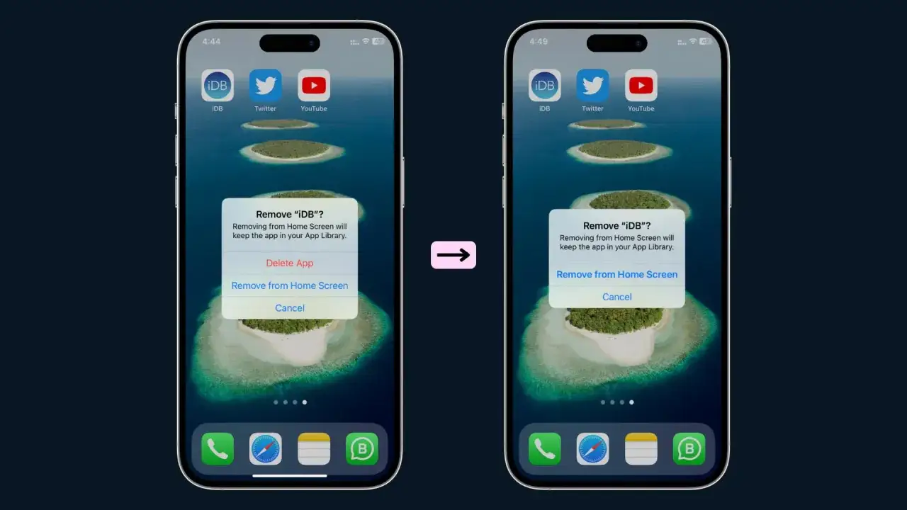 Visar hur man tar bort en app fr&aring;n hemsk&auml;rmen p&aring; iPhone, med alternativet att ta bort helt eller bara fr&aring;n hemsk&auml;rmen.