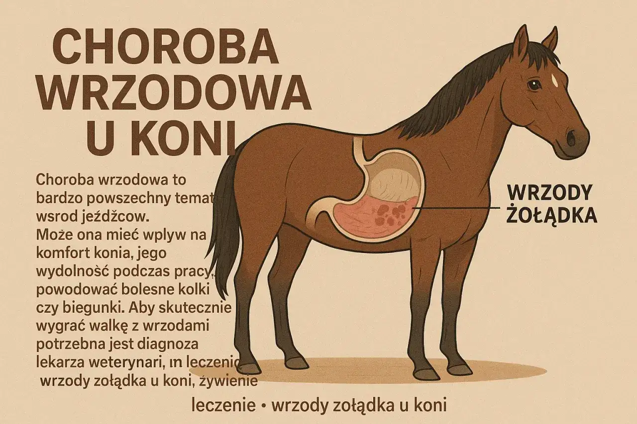 Ilustracja przedstawia konia z widocznym żołądkiem, na którym zaznaczone są wrzody. Tekst informuje o chorobie wrzodowej u koni, jej objawach i leczeniu.