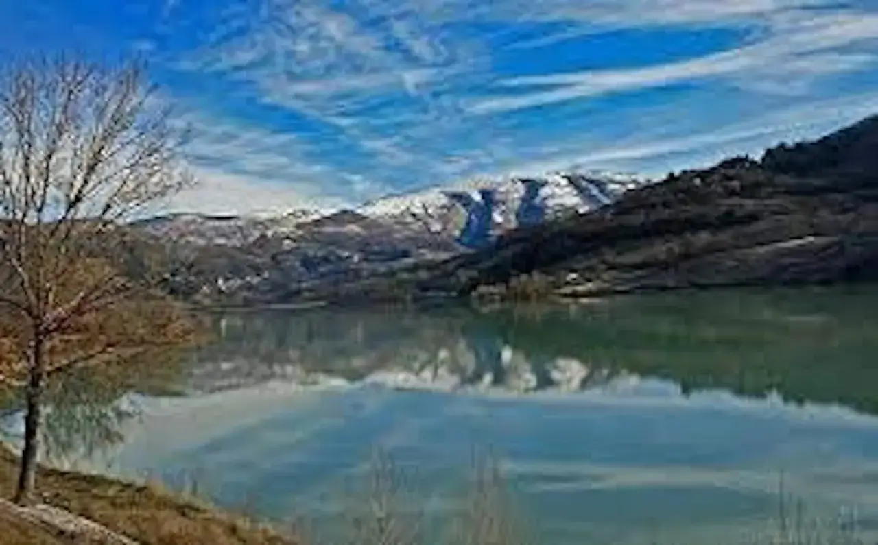 Un albero spoglio si staglia sul **lago di Polverina**, con montagne innevate sullo sfondo e un cielo azzurro solcato da nuvole bianche.