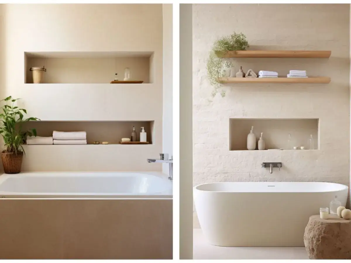 Deux salles de bain épurées avec des niches intégrées. L'une présente une baignoire blanche avec une plante et des serviettes pliées dans une niche. L'autre, une baignoire îlot avec des étagères en bois et une niche murale.