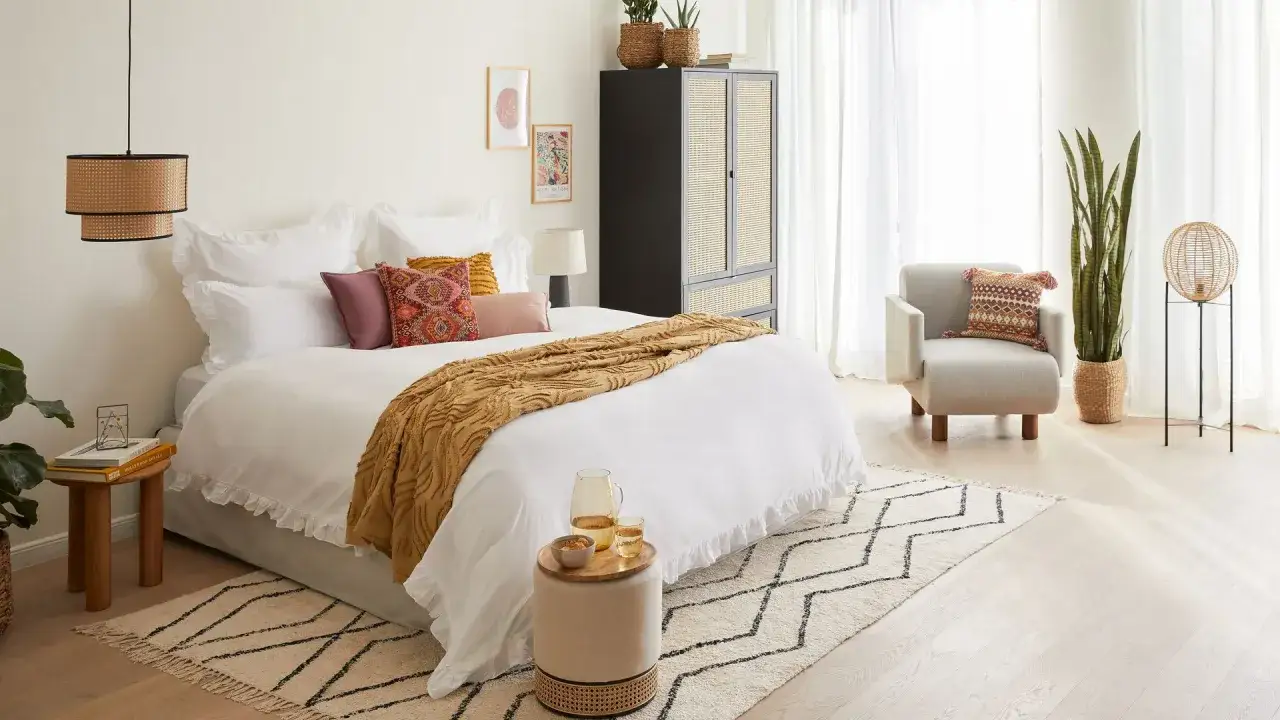 Cama con ropa de cama blanca, manta mostaza y cojines decorativos. Un armario negro con detalles de rat&aacute;n y una silla acogedora complementan el espacio, creando un ambiente de feng shui cama.