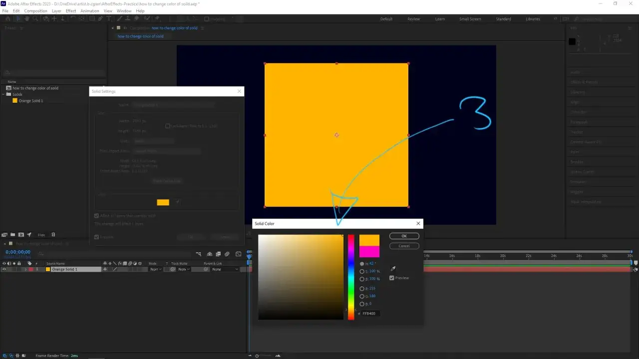 After Effects tutorial: changing the color of a solid layer. The Solid Settings panel shows the current orange color, with the color picker open to select a new hue.