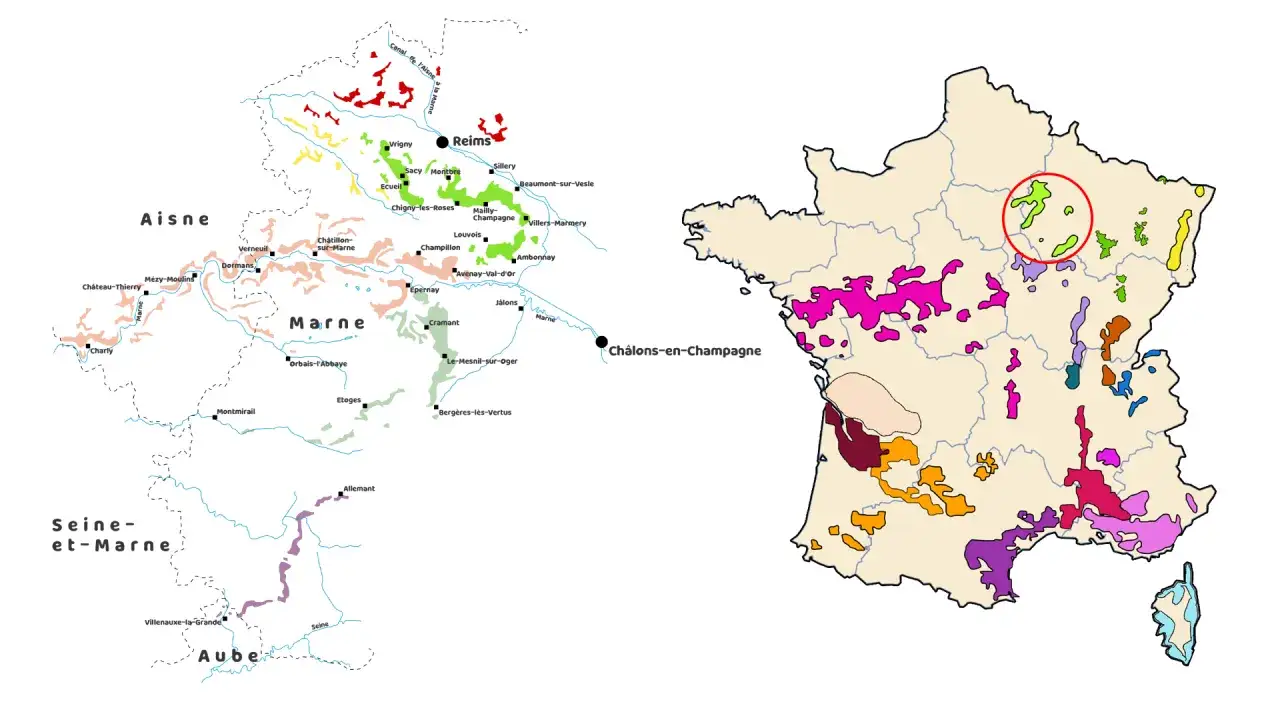 Carte des vignobles de Champagne, incluant des zones de crémant.
